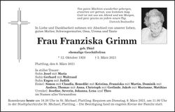 Traueranzeige Franziska Grimm