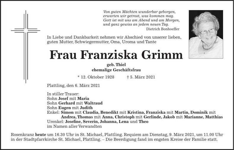 Traueranzeige Franziska Grimm
