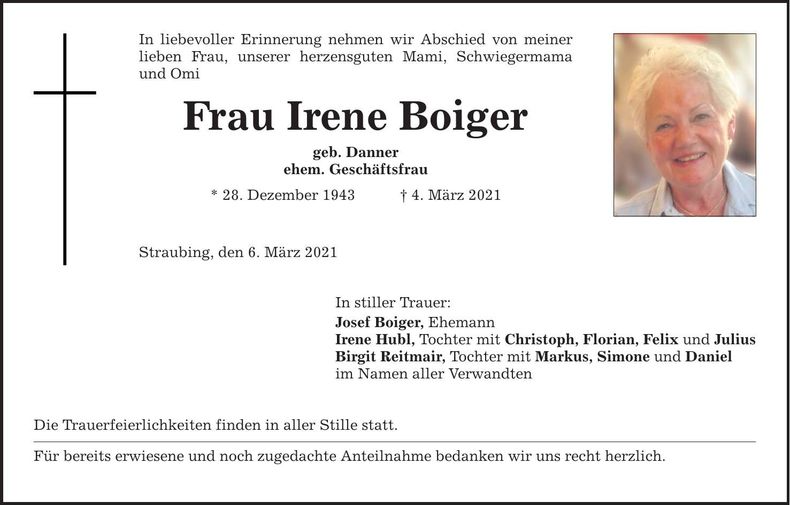 Traueranzeige Irene Boiger