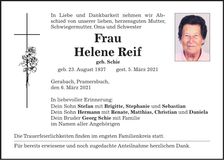 Traueranzeige Helene Reif