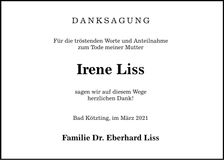 Traueranzeige Irene Liss