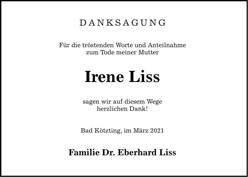Traueranzeige Irene Liss