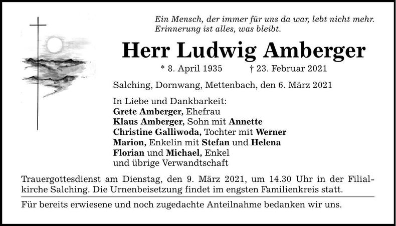 Traueranzeige Ludwig Amberger