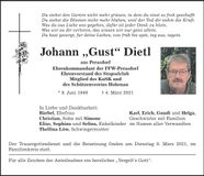 Traueranzeige Johann Dietl