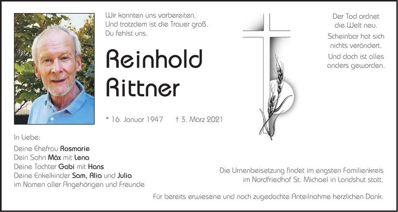 Traueranzeige Reinhold Rittner