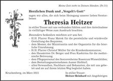 Traueranzeige Theresia Heitzer