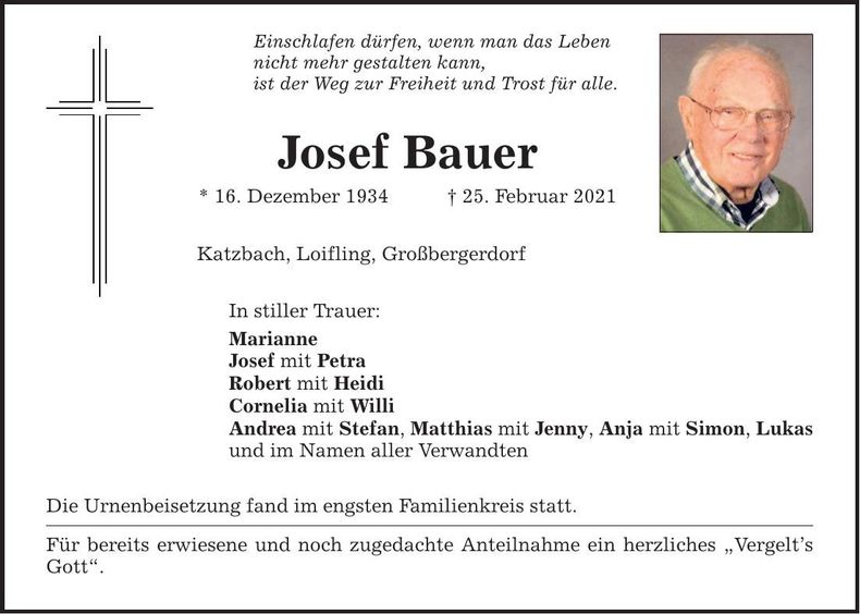 Traueranzeige Josef Bauer