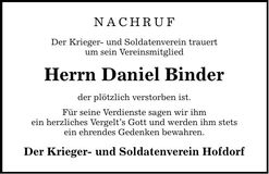 Traueranzeige Daniel Binder