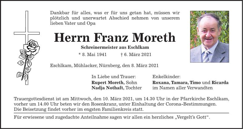Traueranzeige Franz Moreth