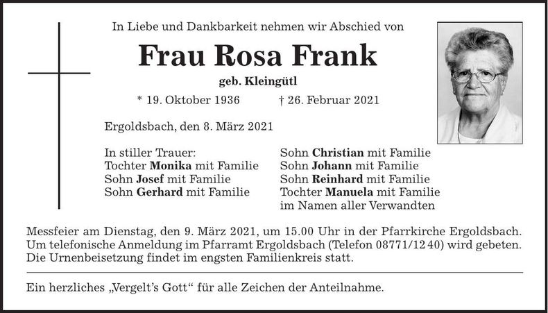 Traueranzeige Rosa Frank