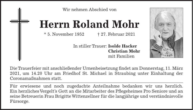 Traueranzeige Roland Mohr