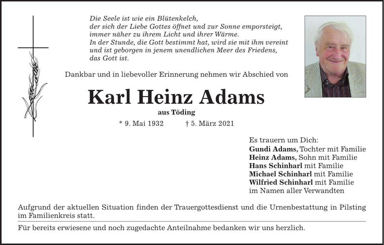 Traueranzeige Karl Heinz Adams