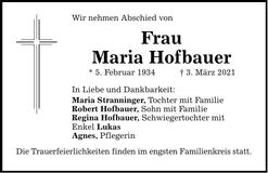 Traueranzeige Maria Hofbauer