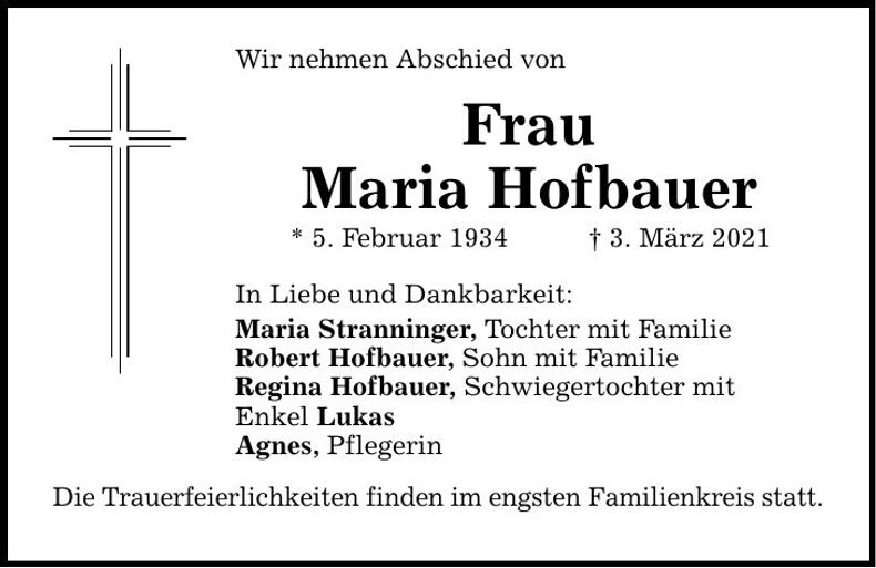 Traueranzeige Maria Hofbauer