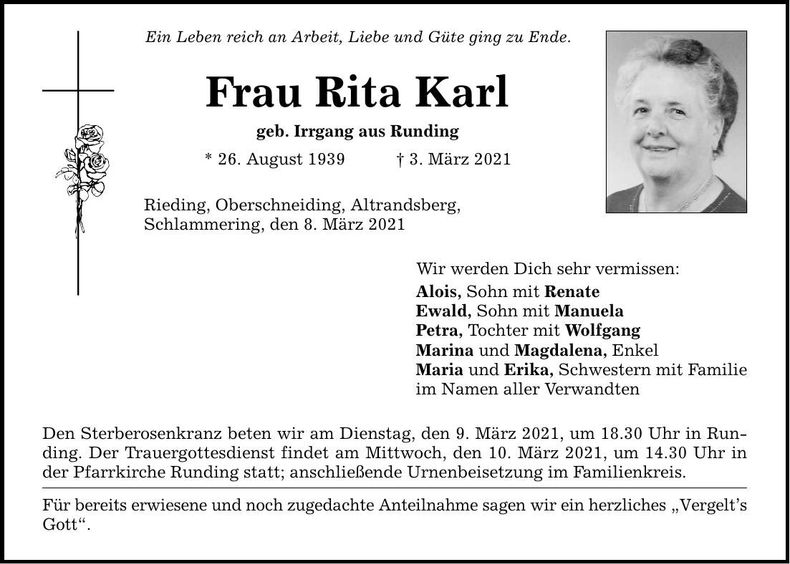 Traueranzeige Rita Karl