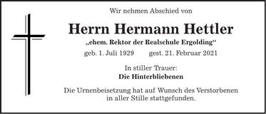 Traueranzeige Hermann Hettler