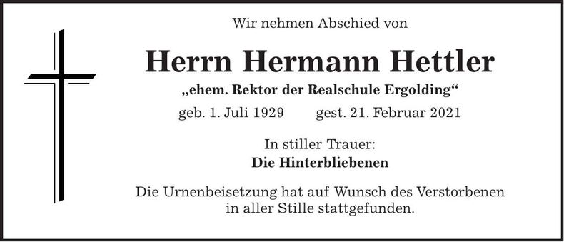Traueranzeige Hermann Hettler