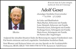 Traueranzeige Adolf Geser