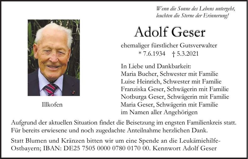 Traueranzeige Adolf Geser