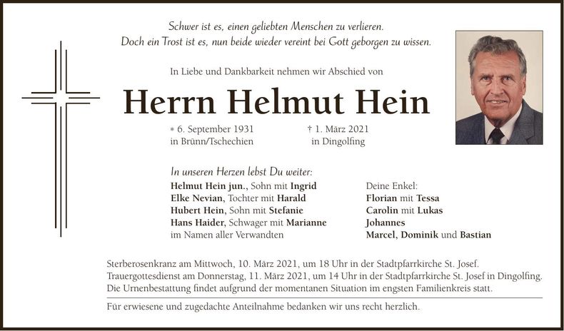 Traueranzeige Helmut Hein