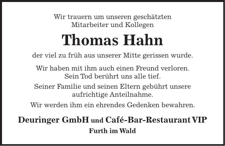 Traueranzeige Thomas Hahn