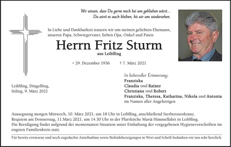 Traueranzeige Fritz Sturm