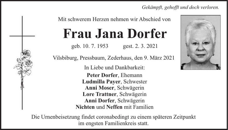 Traueranzeige Jana Dorfer