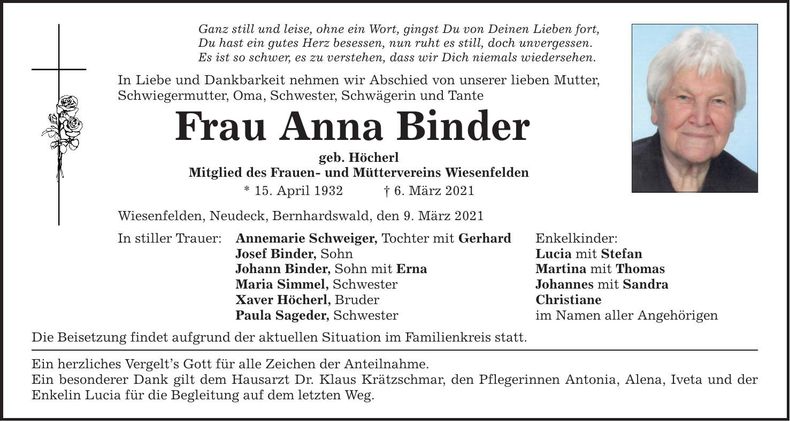 Traueranzeige Anna Binder
