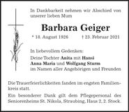 Traueranzeige Barbara Geiger