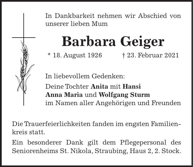 Traueranzeige Barbara Geiger