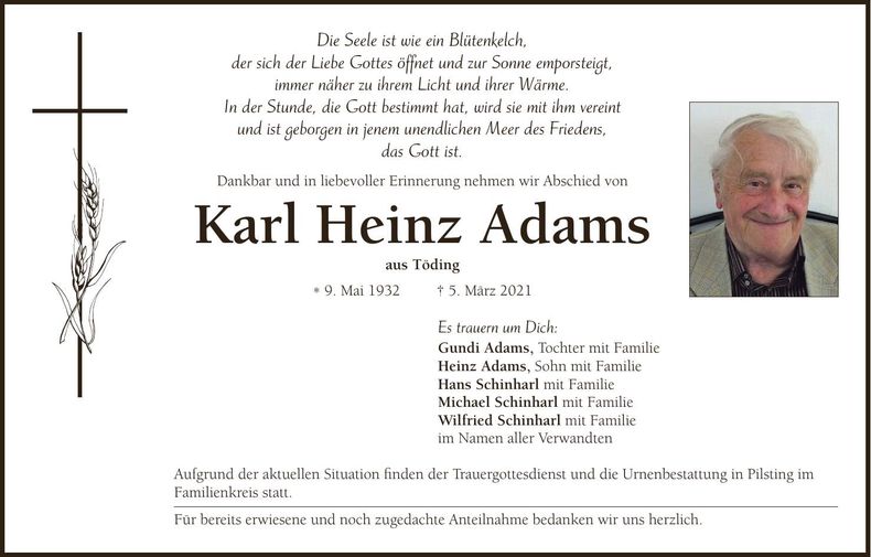 Traueranzeige Karl Heinz Adams