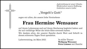 Traueranzeige Hermine Wensauer