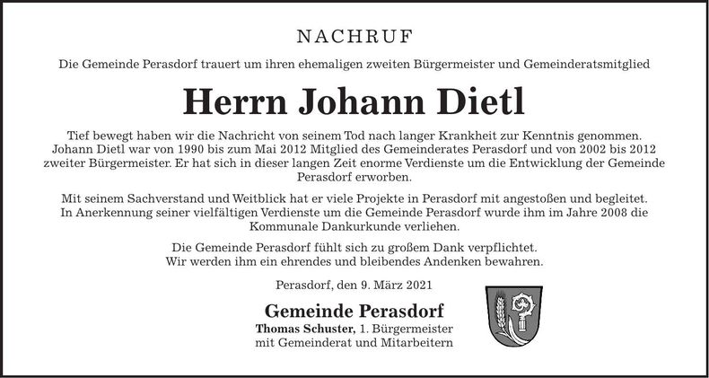 Traueranzeige Johann Dietl