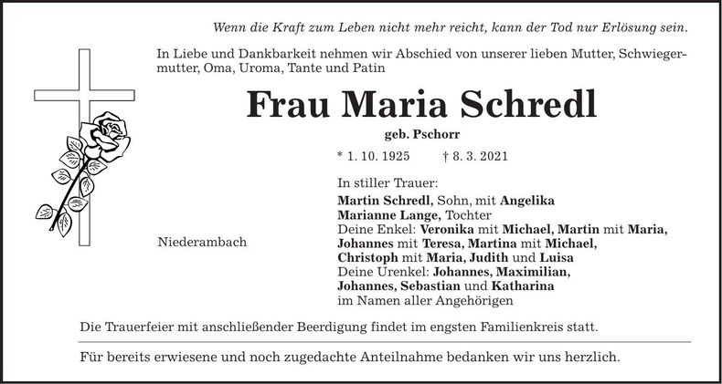Traueranzeige Maria Schredl
