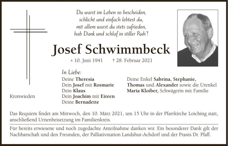 Traueranzeige Josef Schwimmbeck