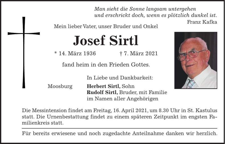 Traueranzeige Josef Sirtl