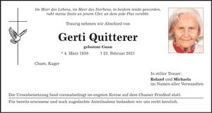 Traueranzeige Gerti Qitterer