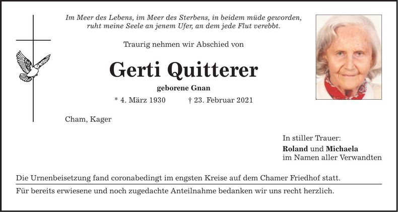 Traueranzeige Gerti Qitterer
