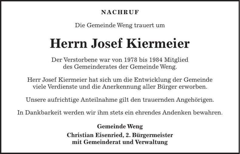 Traueranzeige Josef Kiermeier
