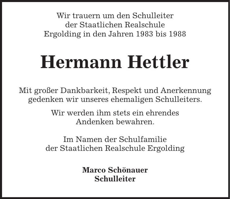 Traueranzeige Herrmann Hettler