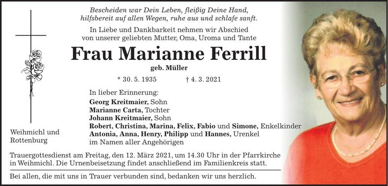 Traueranzeige Marianne Ferrill