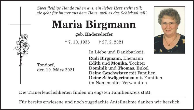 Traueranzeige Maria Birgmann
