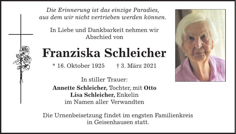 Traueranzeige Franziska Schleicher