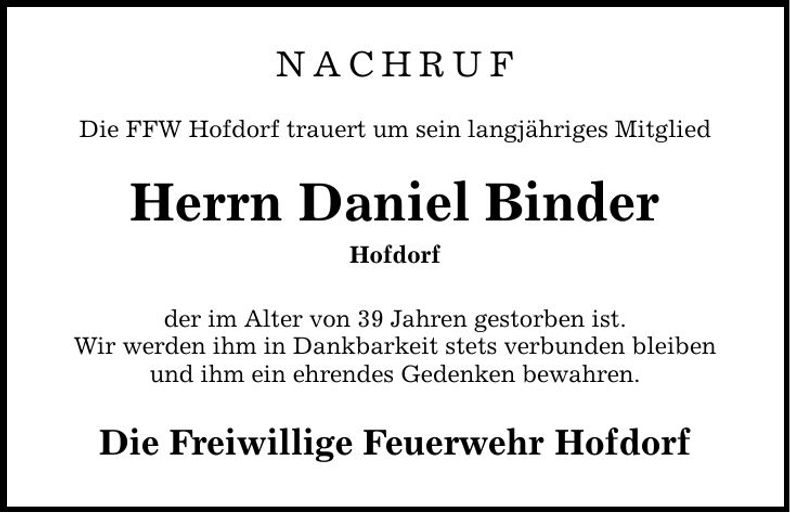Traueranzeige Daniel Binder