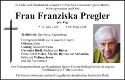 Traueranzeige Franziska Pregler