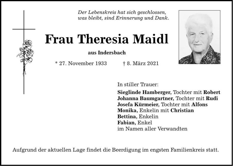Traueranzeige Theresia Maidl