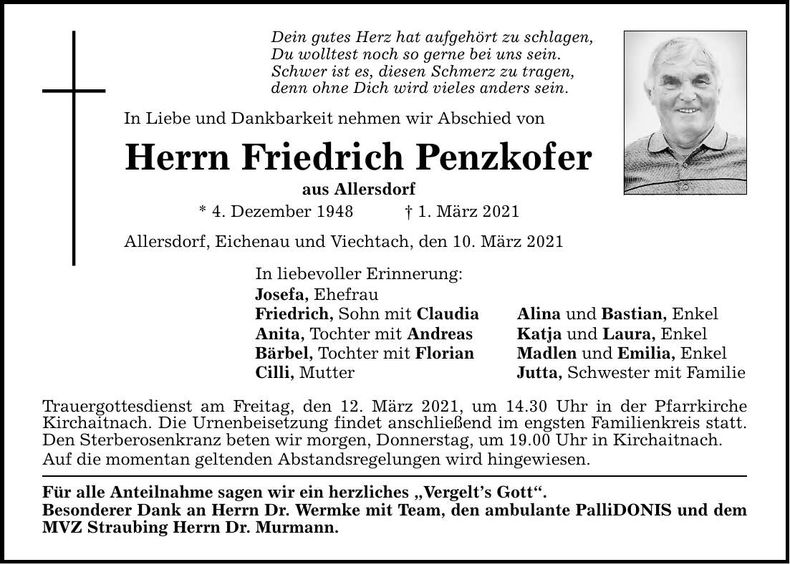 Traueranzeige Friedrich Penzkofer