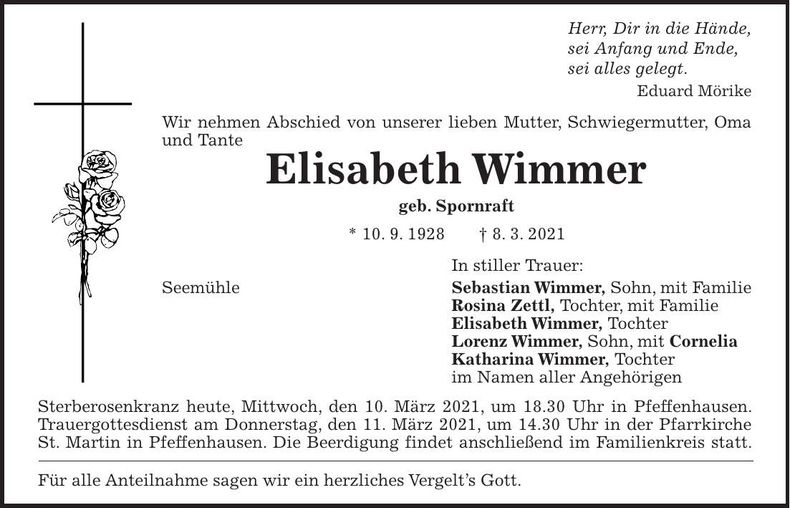 Traueranzeige Elisabeth Wimmer