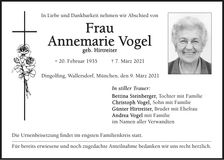 Traueranzeige Annemarie Vogel