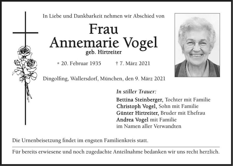 Traueranzeige Annemarie Vogel